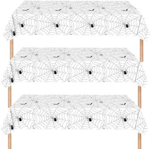 3Pcs 137*274cm Halloween Spider Web White Tablecloth Decorations for Halloween,Disposable Party Table Cloth Party Table Covers Dining Tablecover for Indoor or Outdoor Birthday,Halloween Picnic Party