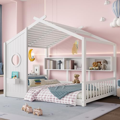 Bellemave Full Size House Bed with Storage Shelves for Kids,Kids Montessori Floor Bed, Cute Wood House Bed Frame Full with Roof for Girls,Boys,Can be Decorated,White