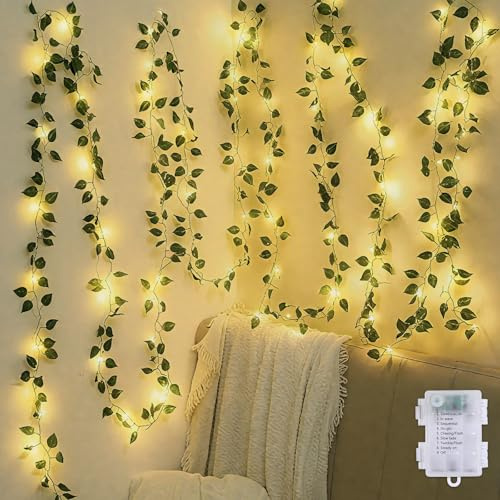 CEWOR Pothos Vine with Fairy Lights Battery Operated, 40ft 120 LED Ivy String Lights, Artificial Ivy Garland with Lights for Bedroom, Room, Wall, Garden, Party, Wedding Decor