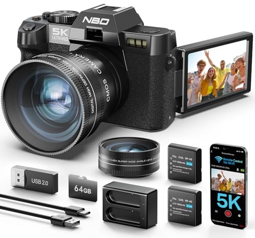 NBD 5K Digitalkamera 64MP mit Autofokus & 16X Zoom, F1.8 Nachtsicht, 3 180° klappbarem Display, WiFi, Webcam – Inkl. Weitwinkel/Makro-Linse + 2 Akkus + 64GB Karte (Schwarz)