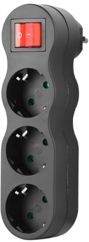 CILIA 3-i-1 vägguttag med ON/OFF-brytare, 16 A, 250 V, max. 3 500 W, eladapterblock, utrymmesbesparande, 3 x Schuko-uttag, F-typ, svart, 1 st