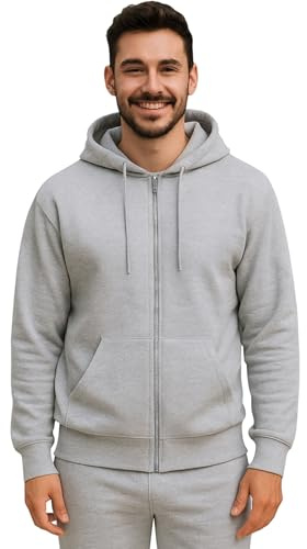 Urban Road Men’s Plain Fleece Zip Hoodie – Full Zip Hooded Sweatshirt with Pockets, 50/50 Cotton Polyester, Casual & Workwear, Regular & Plus Sizes Grey
