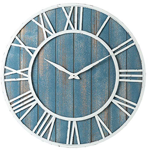 Oldtown Clocks 30 Coastal Wall Clock - Metal & Solid Wood Noiseless Weathered Beach Blue Wall Clock