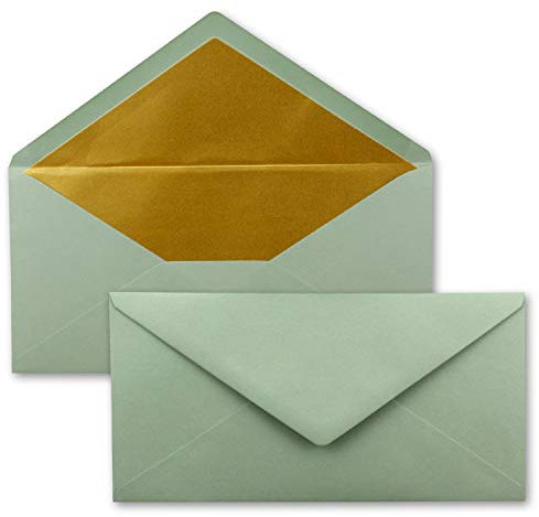 50 Brief-Umschläge DIN Lang - Eukalyptus (Grün) mit Gold-Metallic Innen-Futter - 110 x 220 mm - Nassklebung - festliche Kuverts für Weihnachten