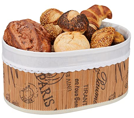 Relaxdays Panera, Bambú, Cubierta de Tela, Estampado Francés, Pan y Panecillos, Cesta Desayuno Ovalada, Natural/Blanco, 16 x 34 x 23,5 cm