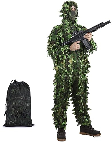 3D Ghillie Tarnanzug, Jungle Regenponcho Ghillie Suit Camouflagemit Tarnkleidung Geeignet zum Verstecken von Spielen, Outdoor, Jagen (Armeegrün, M)