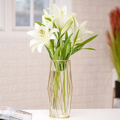 Winter Shore Jarron Cristal Decoracion Dorado para Centros de Mesa - Cilindro de Vidrio Transparente 28 cm con Soporte Geométrico de Hierro - Jarron Decorativos Modernos para Decorar Arreglo Floral