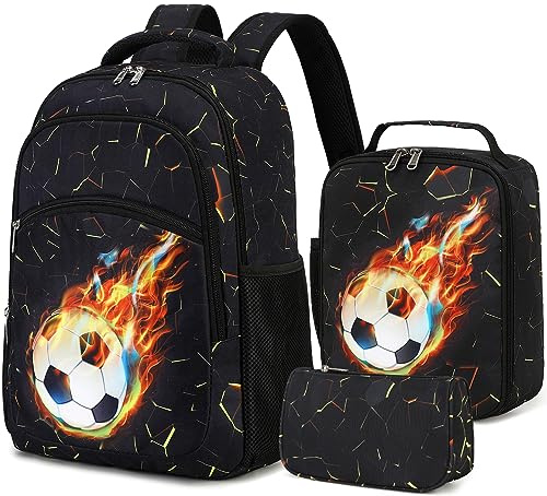 LOIDOU Skolryggsäck set flickor 3 delar barnryggsäck skolväska tonåring ryggsäck pojkar barn ergonomisk skolväska, fotboll flamsvans, M