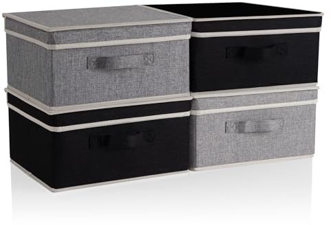 BrilliantJo Storage Boxes with Lid, Foldable Clothing Storage Basket case with Handle for Closet, Bedroom, Home, 33.5L x 31.75W x 17.5H(cm) Grey+Black