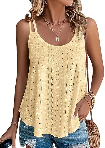 DUOEASE Camisetas de Tirantes Mujer Cuello Crew Moda Camiseta Sin Mangas Elegant Verano Tshirt Amarillo-M