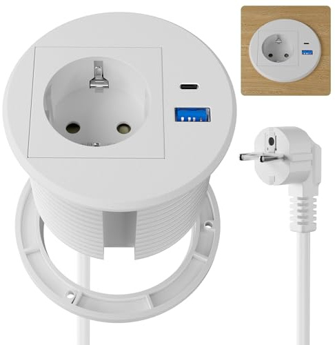 Inbyggt USB-C-arbetsplan PD20W, USB-eluttag, uttagsblock för bänkskiva, kök, kontor 2500 W/10 A, 2 m kabel
