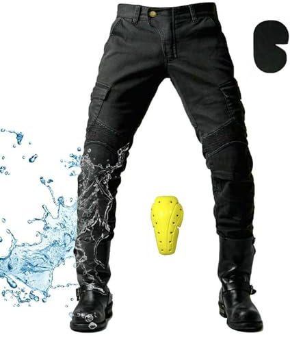 GEBIN PantaloniMoto Uomo, Impermeabile JeansMoto da Uomo, Pantalone Resistente all'Usura con 2 Paia di Protezioni su Fianchi e Ginocchia, Cuscinetti Rimovibili (Nero,2XL)