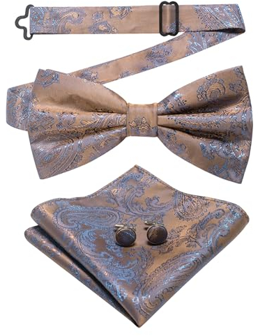 JEMYGINS Nœud papillon pour homme avec motif floral de cajou, design rétro, boutons de manchette et mouchoir de poche, Couleur latte marron thé, M