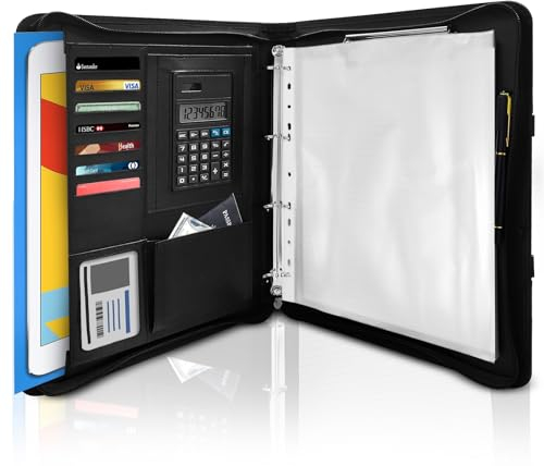 Besprechungsordner, Aktenmappe,Schreibmappe A4 mit Reißverschluss, Clipboard Notepad Business, Leather Conference Folder Portfolio, Mit Taschenrechner und A4-Papier Geschäftsdokument, Schwarze