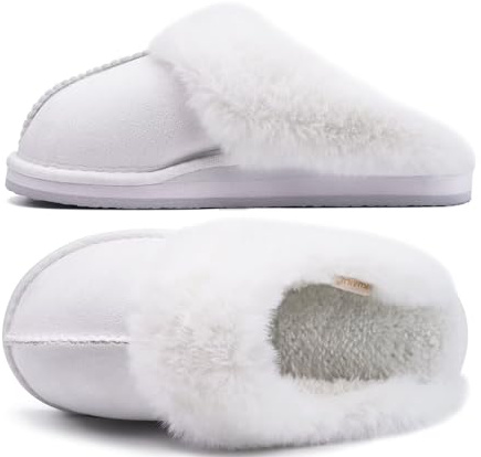 KuaiLu Zapatillas Casa Mujer Invierno Sin seguimiento Caliente Peluche Piel Pantuflas Comoda Peludas Memory Foam Slippers Antideslizante Goma Suela Blanco 40