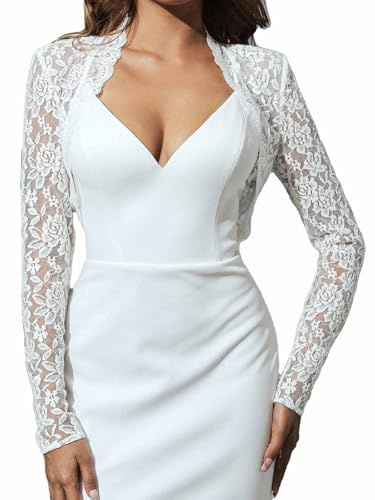 Atigy Bolero in pizzo a maniche lunghe per abiti da sera, bolero da sposa corto per donne e spose, bianco, XL