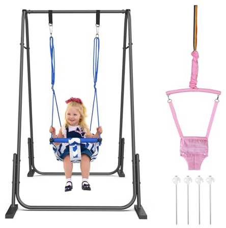 Slevoo 2-i-1 babyjumper och gunga, gungset för småbarn med vikbart stativ, åldrarna 6 månader till 6 år, för inomhus- och utomhuskul, rosa