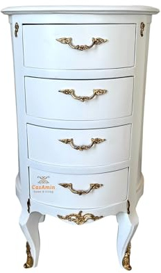 CasAmin Home & Living nattduksbord deluxe byrå i fransk barock rokoko-stil i vitt med bronsornament för heminredning