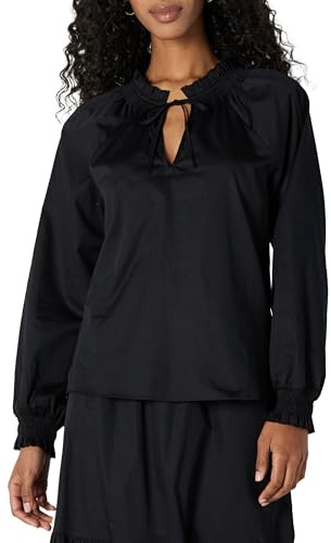 Amazon Essentials Blusa de Manga Larga de satén de algodón con Cuello con Volantes para Mujer (la Falda se Vende por Separado), Color Negro, Talla XXL