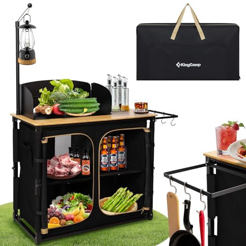 KingCamp Campingküche faltbar mit Spüle, Campingschrank Bambus,Outdoor Küche Klappbar mit Stauraum, Windschutz & Lampenhalter,Stabiler Aluminiumrahmen,Reiseküche,Camping Möbel