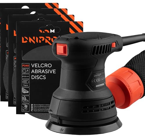 Dnipro-M Lijadora Orbital PE-29S 290W con 20 Discos Lija 125mm Velcro, 6 Velocidades Regulables, Herramienta Eléctrica para Madera, Pared y Techo, Parquet, Metal - Sistema de Recogida de Polvo