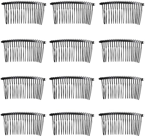 XCSJ Pack of 12 Veil Combs DIY Metal Bridal Wedding Comb Wedding Veil Side Comb Veil Hair Accessories Metal Hair Comb for Women, Bridal Jewellery (Black, 20 Teeth)