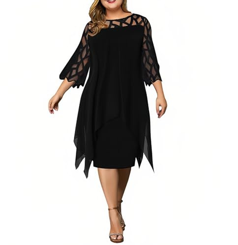 Meichoon Vestido Holgado de Gasa para Tallas Grandes Manga 3/4 con Delicado Encaje y Dobladillo Asimétrico para Mujer Negro XXL
