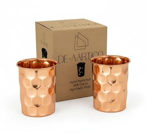 Pure Copper Tumblers for Drinking – Handmade Hammered Finish Water Glasses, 312ml (11 fl oz), Health Benefits for Hydration, Set of 2, Eco-Friendly Copper Cups for Water & Juices