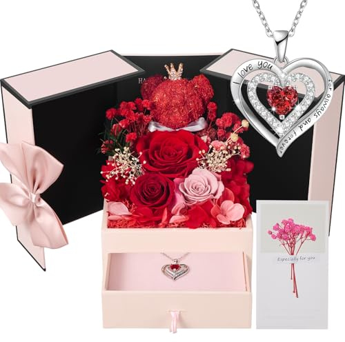 Rosa Eterna Regalo Donna, Rosa Stabilizzata con Collana e Orso di Muschio, Preservada Fiori Confezione Regalo per la Festa Della Mamma, Natale, Compleanno, San Valentino per Fidanzata,Moglie,Nonna