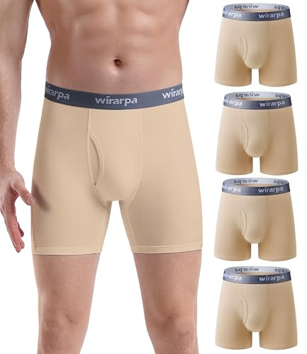 wirarpa Men's Cotton Boxer Briefs Underwear 4 Pack Open Fly Tag Free Anti-Chafing Comfy Short Leg Underpants Beige X-Large