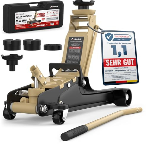 Wagenheber 2,5T extra flach – Hydraulischer Rangierwagenheber mit Transportkoffer, 3 Gummiauflagen & Adapter – Auto Wagenheber für PKW bis 2.500 kg (Beige)