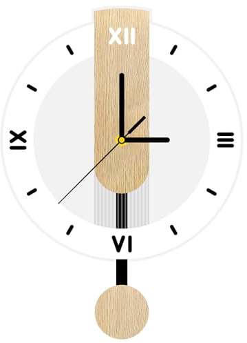 ALEENFOON Reloj de Pared Acrílico y Madera Silencioso, Funciona con Pilas, con Péndulo, Números Romanos Modernos Reloj Pared para Sala de Estar, Cocina, Baño u Oficina (28,5 x 39 cm)