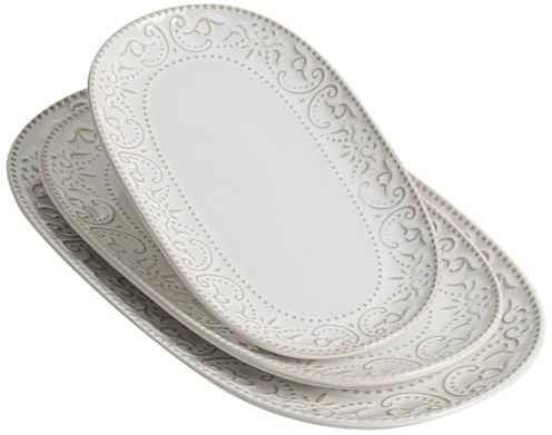 Feenmai Serving Platters Set, 14/12/10 Oval Ceramic Serving Plates, Embossed Serving Trays for Party, Oven Dishwasher Safe, Vintage White Serving Dishes for Entertaining, Appetizers, Pasta, Sushi