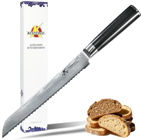 KESTEDGE 8-Inch Serrated Bread Knife - Damascus Japanese VG-10 High Carbon Steel - Professional Sourdough Knife for Homemade Bread, Cake & Artisan Loaves