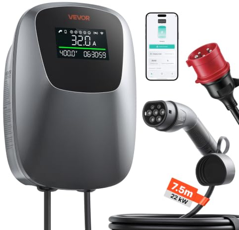 VEVOR Estación de Carga para Vehículo Eléctrico 22kW, CEE 32A 7,5m, 400V CA, Cargador EV Trifásico Tipo 2, Control por Aplicación, Pantalla Digital, para Vehículos Eléctricos e Híbridos Enchufables