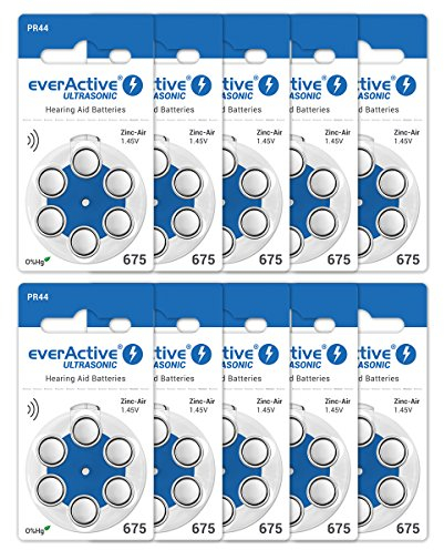 everActive Ultrasonic - Hearing Aid Batteries 675 / PR44 - Zinc Air Batteries for Hearing Aids - Durable, High Energy Density, Free from Mercury - Box of 60