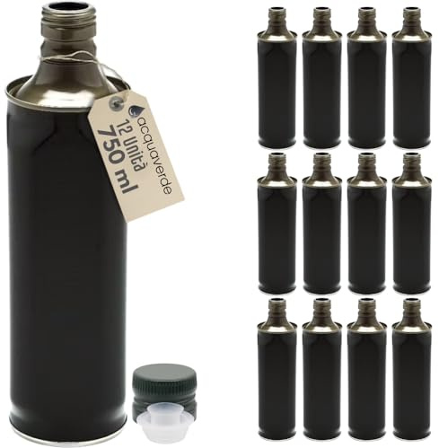 acquaverde | 12 Bottiglie in Latta 750 ml per Olio di Oliva, Contenitore Alimentare Verde, Design Squadrato, Incluso Tappo Prefilettato in Metallo con Salvagoccia