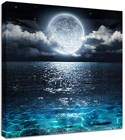 Hai dou ya Moon Painting Canvas Wall Art - Bright Moonrise On Sea Ocean Seascape cloud Picture for Living Room Decor Modern Landscape Print Poster Framed Ready to Hang Bedroom 12x12inch, Blue