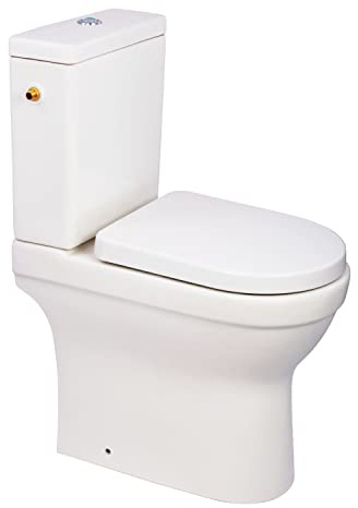 aquaSu® 04873 6 - Inodoro con cisterna y asiento de inodoro (7,5 cm, sin bordes, con descarga de 2 cantidades), color blanco