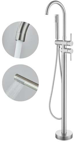 Riempitrici per vasca autoportanti Rubinetti per vasca da bagno in nichel spazzolato con doccia portatile 360 Girevole Bocca verticale ad alto flusso Doccia in metallo per bagno..