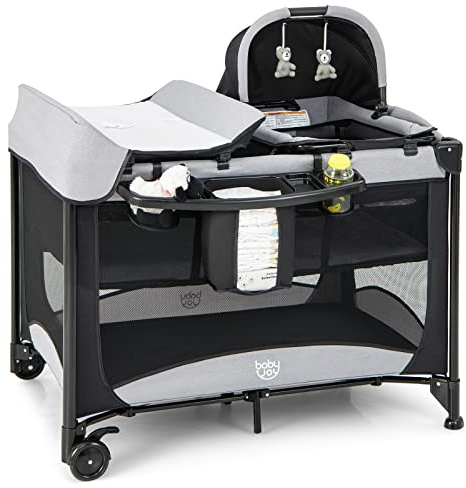 GOPLUS Cama de viaje 5 en 1 con cambiador de colchón grueso, plegable para bebé con paredes laterales aireadas, bolsa de transporte, cuna con dosel, parque infantil para bebés de 0 a 36 meses