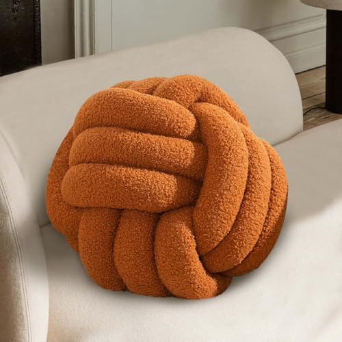 Knot Pillow Ball 9.8inch Round Caramel Throw Pillow Soft Home Decorative Pillow Boucle Circle Knotted Pillow Handmade Throw Pillow Accent Pillows for Couch Sofa