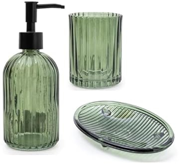 Home Deco London Set of 3 Modern Transparent Pressed Glass Bathroom Accessory Set, Includes Liquid Soap or Lotion Dispenser, Toothbrush Holder, Soap Dish (Green Set of 3)