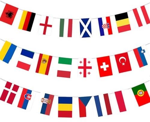 Banderines de la EM para Euro Fútbol 2024 – Banderines para Euro Fútbol 2024 – 24 países, cadena de banderas, banderines de la EM, decoración del Reino Unido, guirnalda de banderines (9 m x 28 cm)