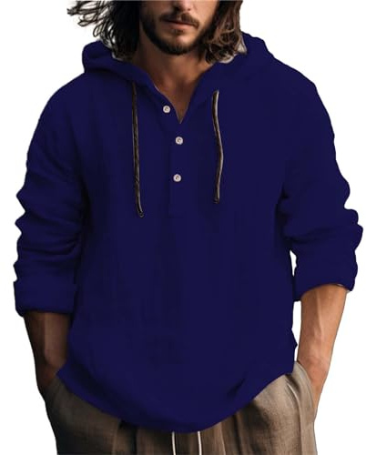 Chemise Lin Homme Col Mao Couleur Uni Henley Shirts Casual Chemise Blanche Homme Manches Longues Chemise en Lin Homme Été à Capuche Haut Blouse Boutonnés Hoodie Cordon De Serrage Cotton