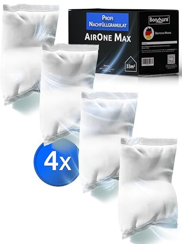BonAura® AirOne Max Luftentfeuchter Nachfüllpack I 4er Set 980g Luftentfeuchter Granulat I Entfeuchter Nachfüllpack für Keller I Schutz gegen Schimmel & Gerüche