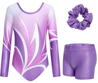 JiAmy Maillot de gimnasia para niñas, 3 piezas, manga larga, brillante | Unitardos de ballet con purpurina para bailar, ropa deportiva con pantalones cortos y coleteros, para niñas de 3 a 12 años