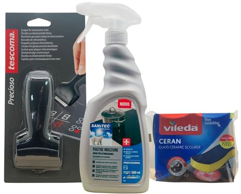 SET PULIZIA PIANI AD INDUZIONE: Detergente Spray, Piastre Induzione Anche Per Vetroceramica 500ml + Raschietto Per Piani Cottura In Vetroceramica + Spugna CERAN