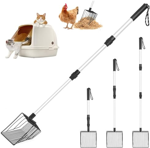 Hamosky Paletta per lettiera per gatti con manico lungo, 3 in 1 regolabile da 55,9 cm a 106,7 cm, setaccio in metallo, paletta per sabbia per pollaio, robusto strumento per la cura degli animali