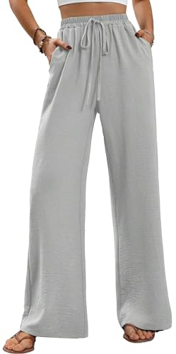 ALSOGO Pantaloni larghi da donna, eleganti, larghi, a vita alta, larghi, estivi, con tasche, grigio., XXL